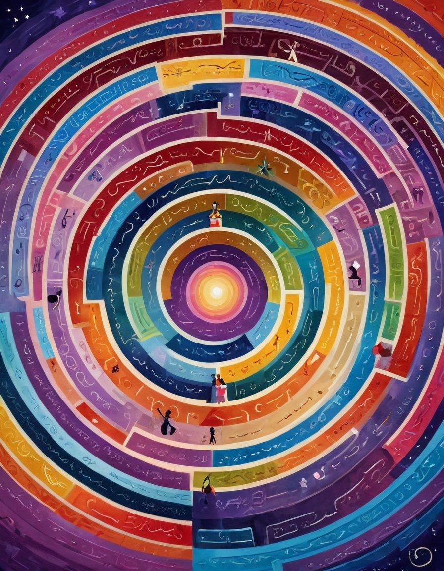 An abstract representation of pleasure featuring a labyrinth made of soft, swirling colors illustrating pathways of satisfaction. Inhabitants of this maze could include silhouettes of joyful individuals exploring their fantasies, surrounded by symbols of adult experiences like hearts and stars. The scene emanates warmth and positivity, inviting viewers to embark on a journey of self-discovery. vibrant colors. super-realistic.