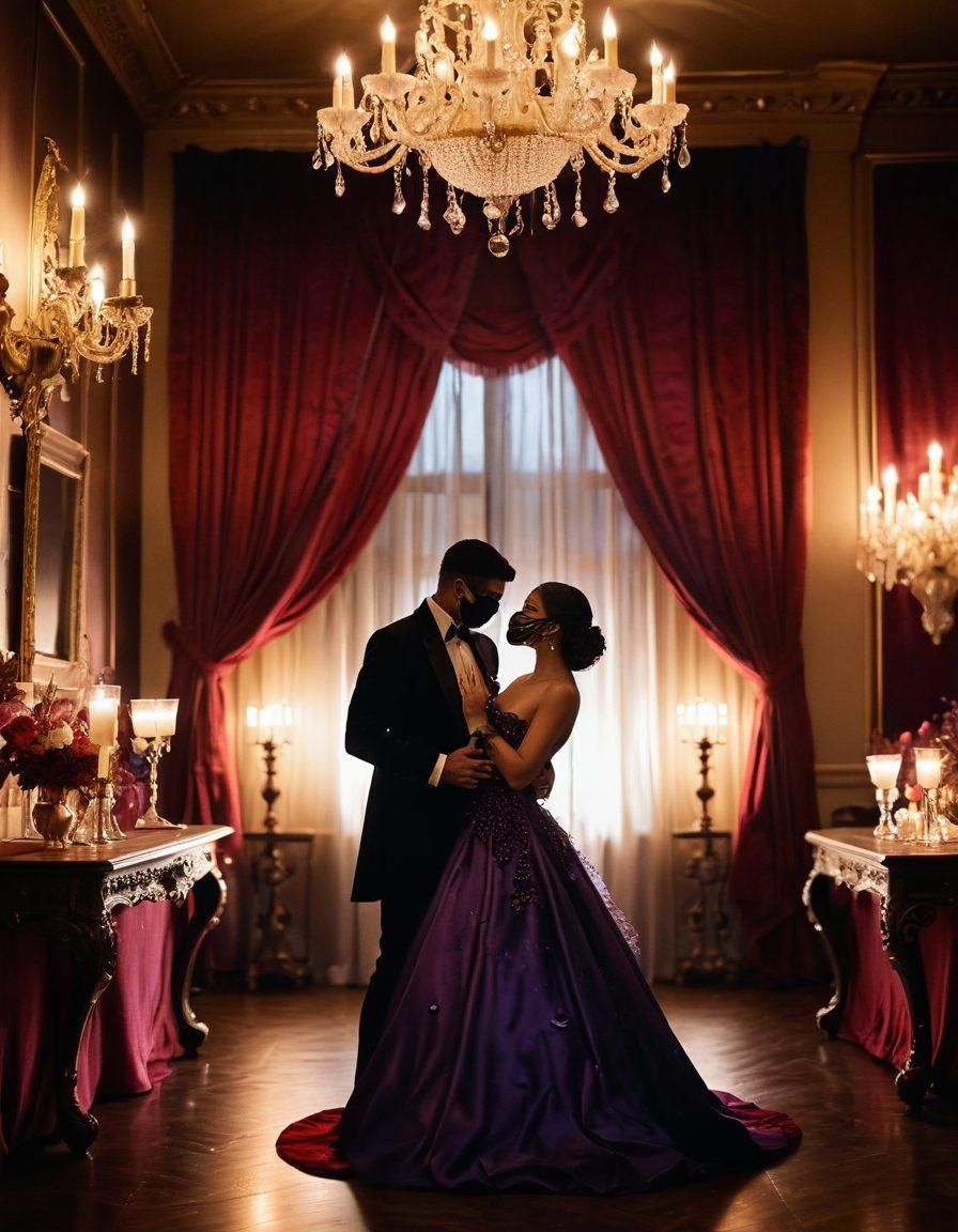 A vibrant, alluring scene depicting an elegant masquerade ball, with couples dancing under soft, dimmed lights, wearing beautiful masks. Surrounding them are plush velvet fabrics and delicate candlelit accents, evoking an atmosphere of mystery and allure. In the background, subtle silhouettes suggest intimate connections, inviting curiosity and excitement. The color palette features rich reds, golds, and soft purples for a seductive feel. super-realistic. rich colors. soft lighting.