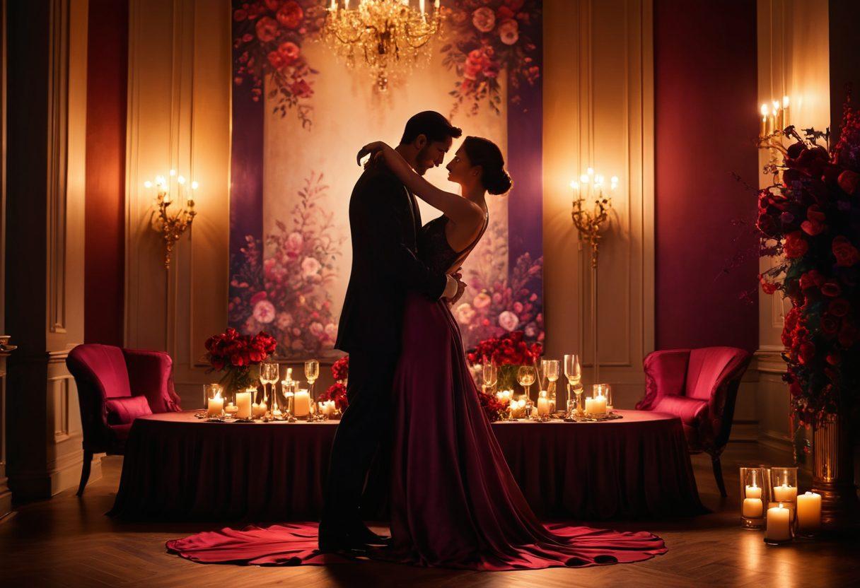 A beautifully arranged intimate setting featuring soft candlelight, luxurious fabrics, and an alluring silhouette of a couple in an elegant dance. Vibrant flowers surround them, symbolizing passion and desire, while soft shadows play on the walls to create an atmosphere of ecstasy. The color palette should feature deep reds, sultry purples, and gold accents for a sensual touch. soft focus. romantic lighting. super-realistic.